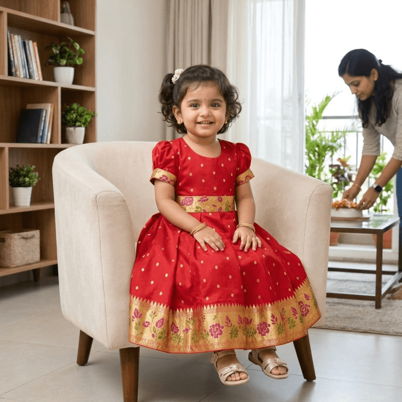 luster Frock taffata-Paithani Age (0 to 5) (0-3 Months, Red) view 3
