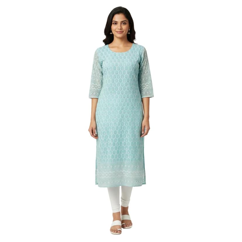 Mom and Me Women's Straight Chikankari Kurta/Kurti, Georgette Fabric, Latest Summer Stylish Wear Lining Design (X-Large, Pista)