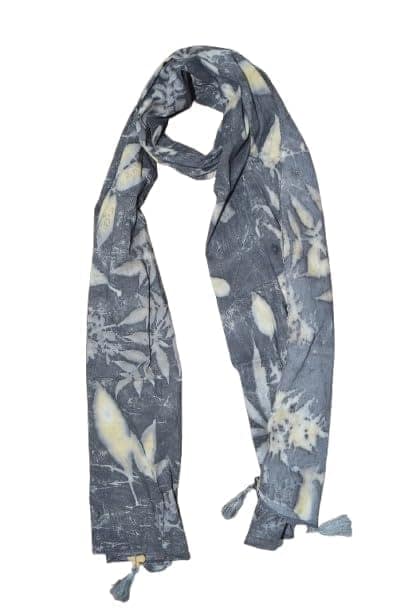 TULIP Traditional Artisians' Upliftment Livelihood Program Floral Print Scarf with Tassels, Blue and Cream, Lightweight Fashion Accessory
