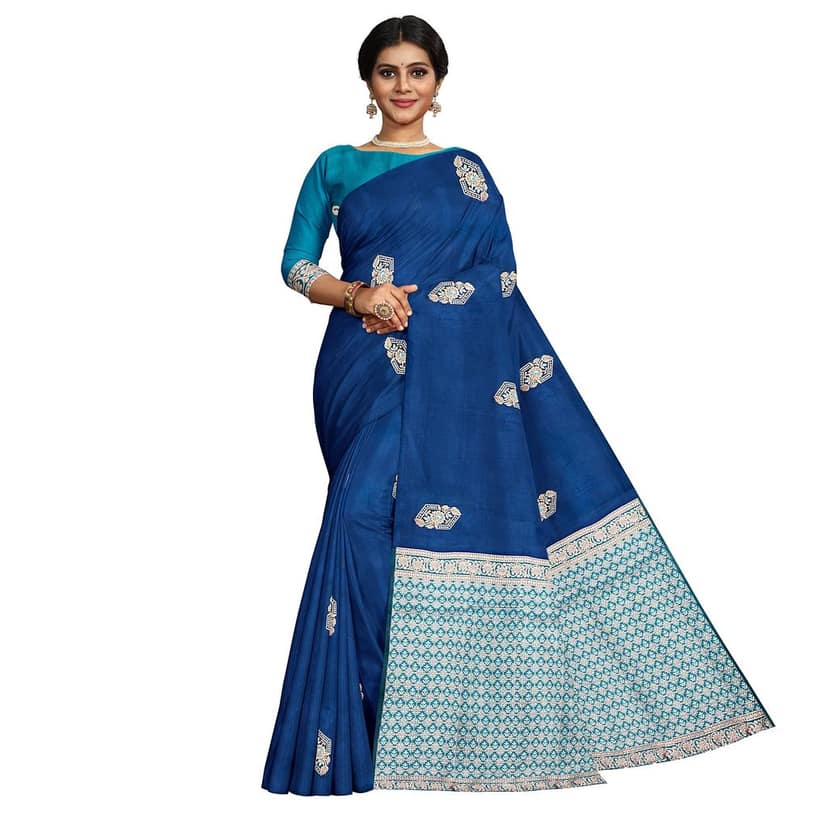 Dark Blue Color Silver & Copper Zari Butta Saree with Contrast Blouse