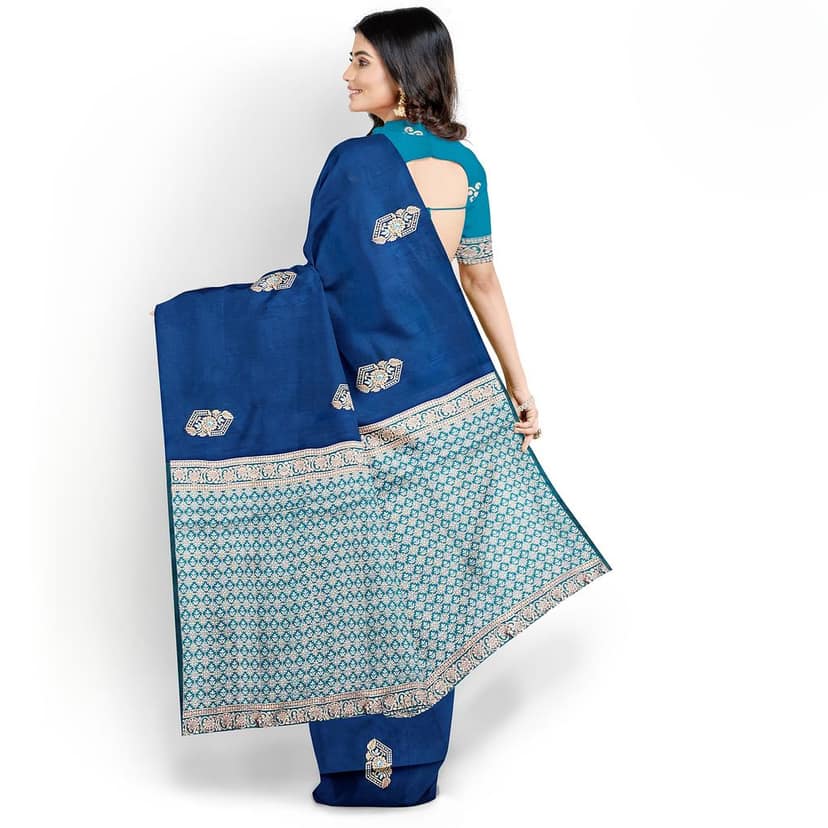 Dark Blue Color Silver & Copper Zari Butta Saree with Contrast Blouse view 3