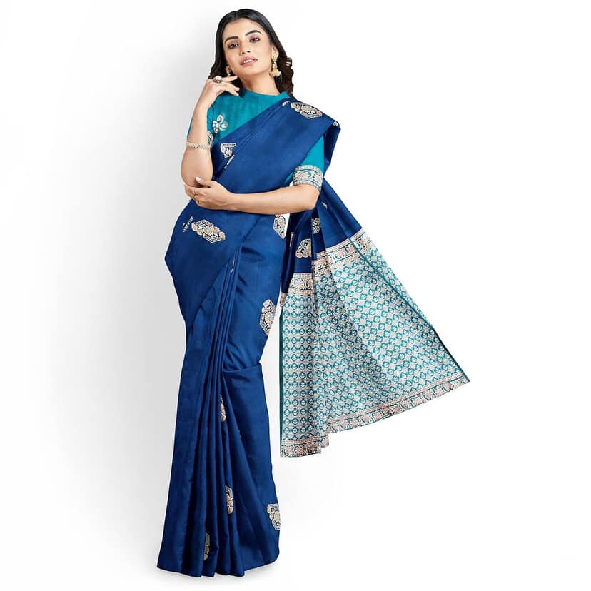 Dark Blue Color Silver & Copper Zari Butta Saree with Contrast Blouse view 4