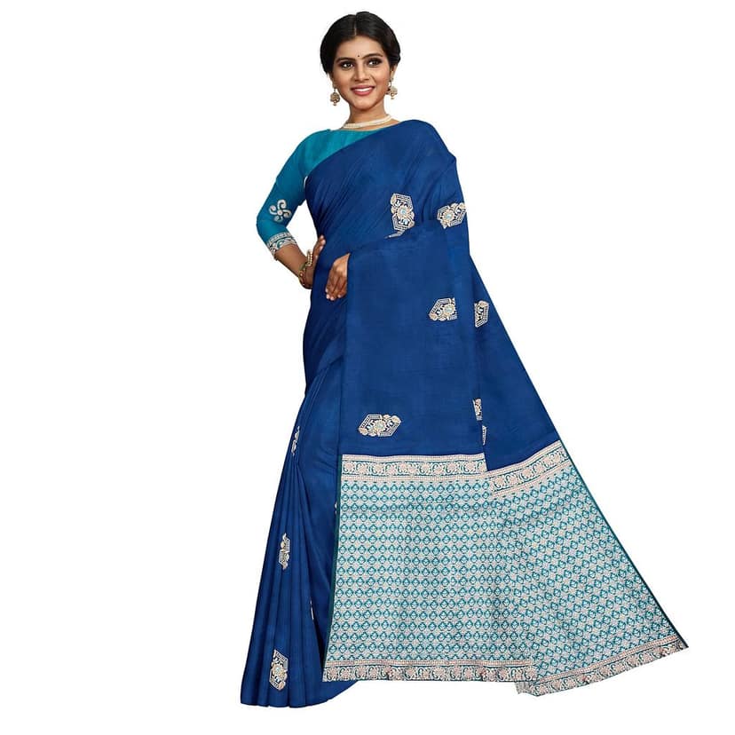 Dark Blue Color Silver & Copper Zari Butta Saree with Contrast Blouse view 5