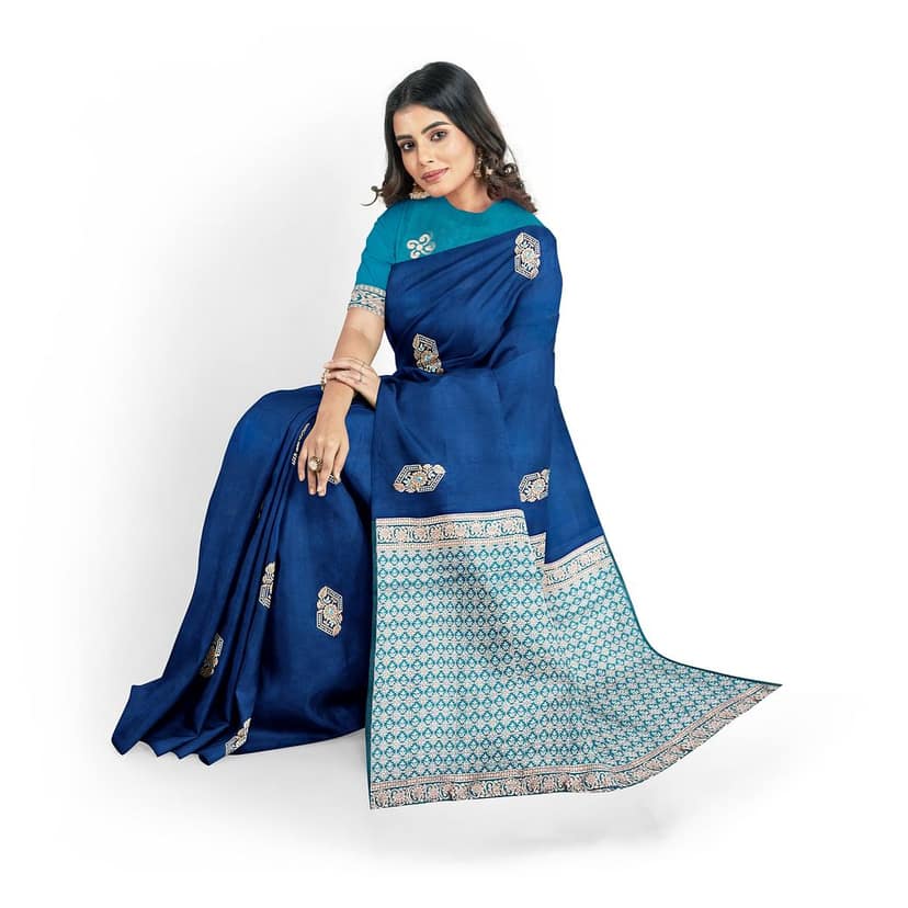Dark Blue Color Silver & Copper Zari Butta Saree with Contrast Blouse view 6