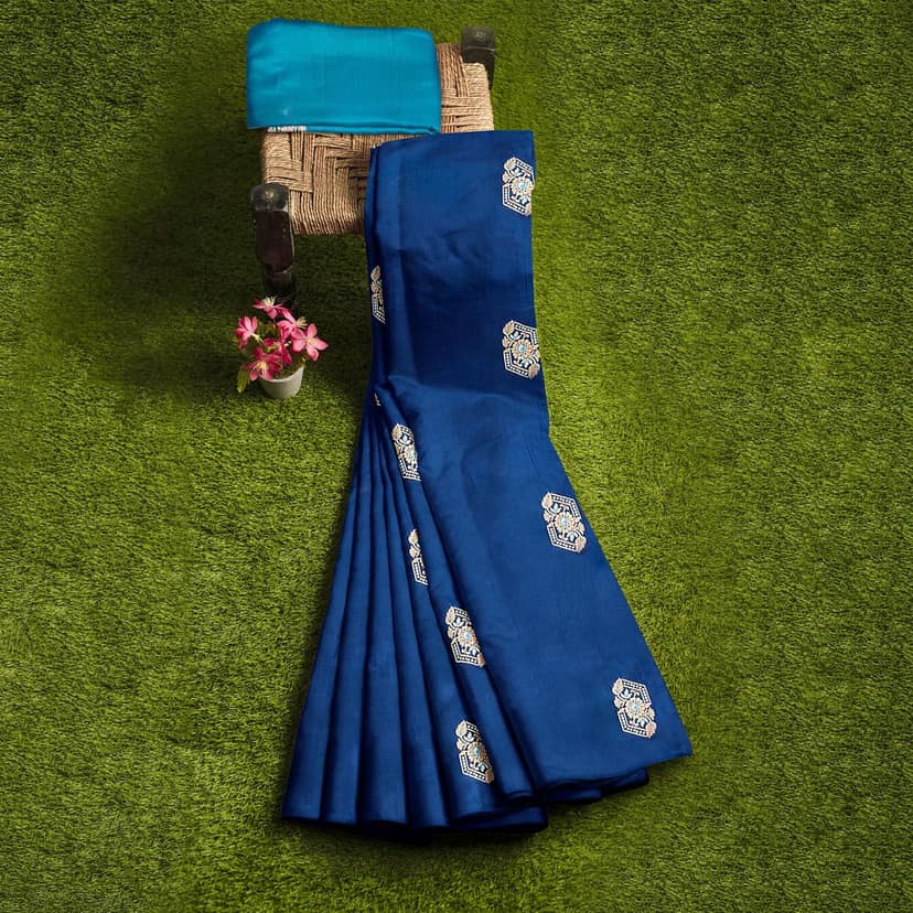 Dark Blue Color Silver & Copper Zari Butta Saree with Contrast Blouse view 7