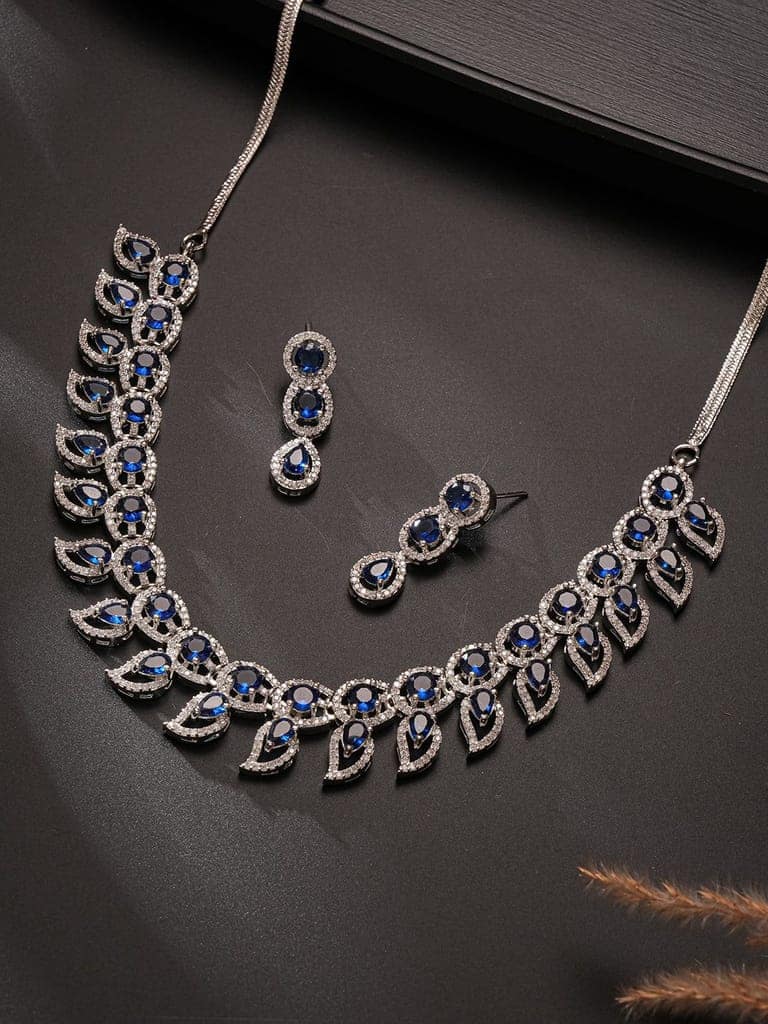 Silver Toned Zircon Emerald Blue AD Studded Mango Statement Necklace Jewellery Set