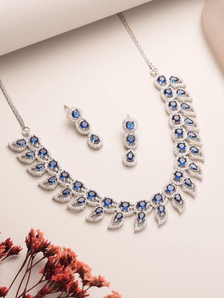 Silver Toned Zircon Emerald Blue AD Studded Mango Statement Necklace Jewellery Set view 3