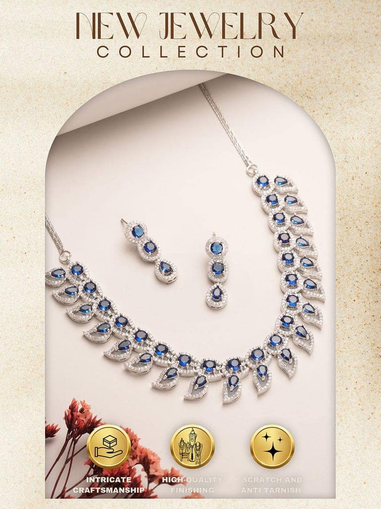 Silver Toned Zircon Emerald Blue AD Studded Mango Statement Necklace Jewellery Set view 5