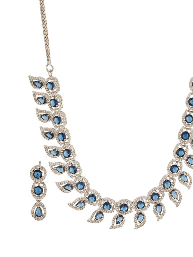 Silver Toned Zircon Emerald Blue AD Studded Mango Statement Necklace Jewellery Set view 8
