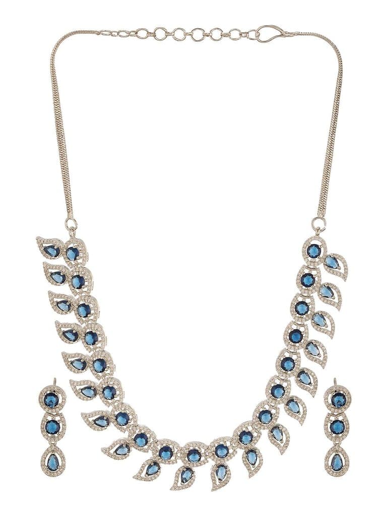 Silver Toned Zircon Emerald Blue AD Studded Mango Statement Necklace Jewellery Set view 9