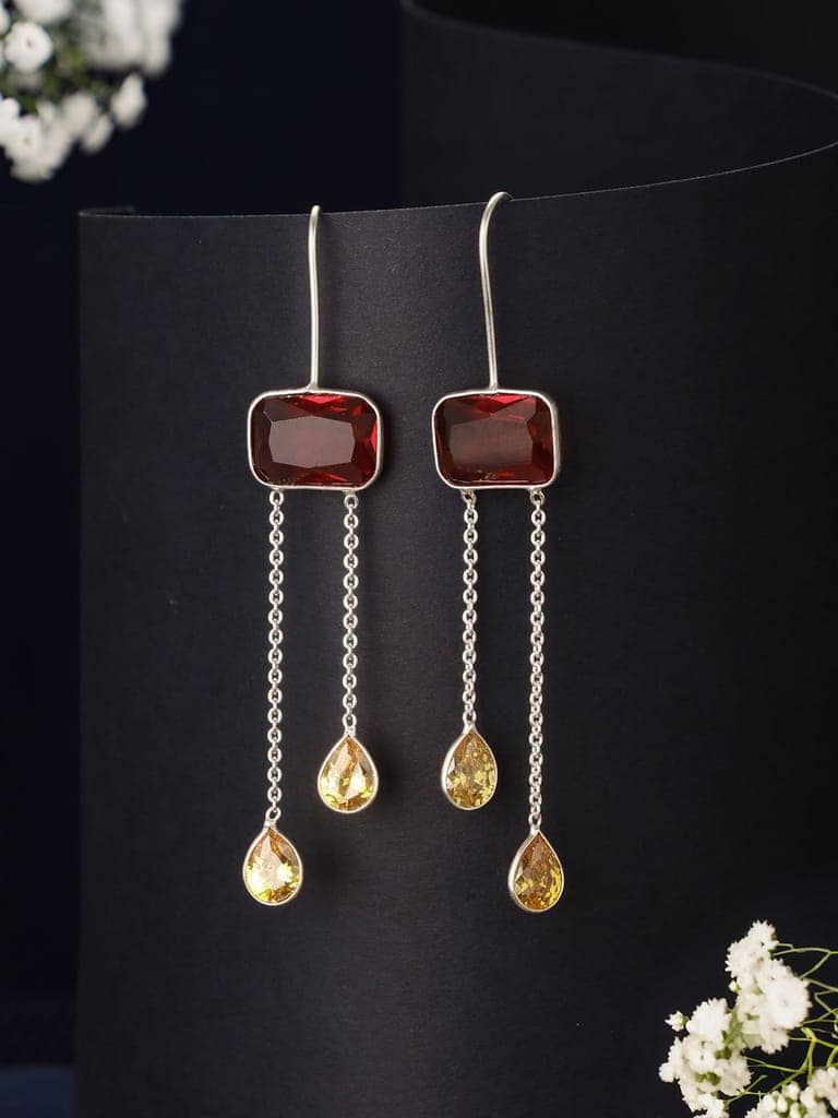 Silver Plated Red Ruby Crystal Dropdown Minimal Fishhook Earring view 3