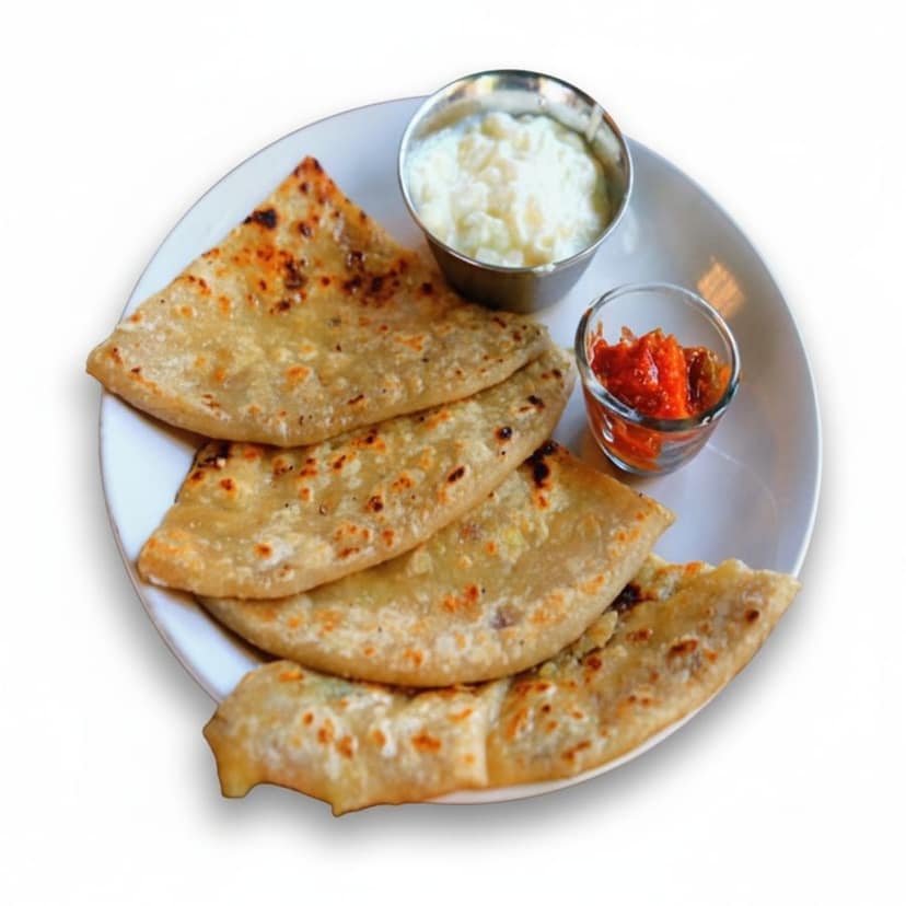 Stuffed Paratha with Curd and Pickle - 200 gm - One plate containing parathas, curd, and pickle