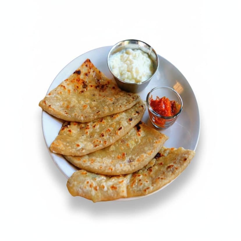 Stuffed Paratha with Curd and Pickle - 200 gm - One plate containing parathas, curd, and pickle view 2