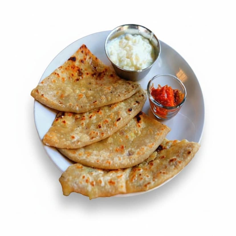 Stuffed Paratha with Curd and Pickle - 200 gm - One plate containing parathas, curd, and pickle view 3