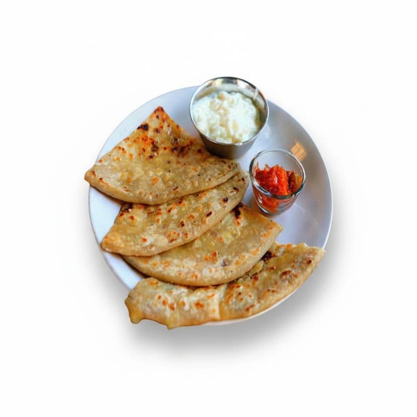 Stuffed Paratha with Curd and Pickle - 200 gm - One plate containing parathas, curd, and pickle view 4