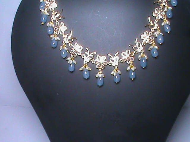Stunning American Diamond Necklace Set with Blue Beads view 2