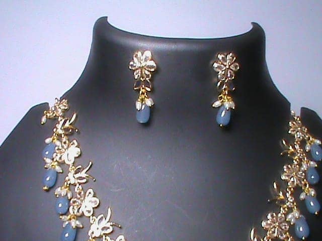 Stunning American Diamond Necklace Set with Blue Beads view 3