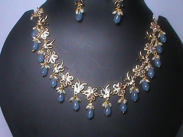 Stunning American Diamond Necklace Set with Blue Beads view 4