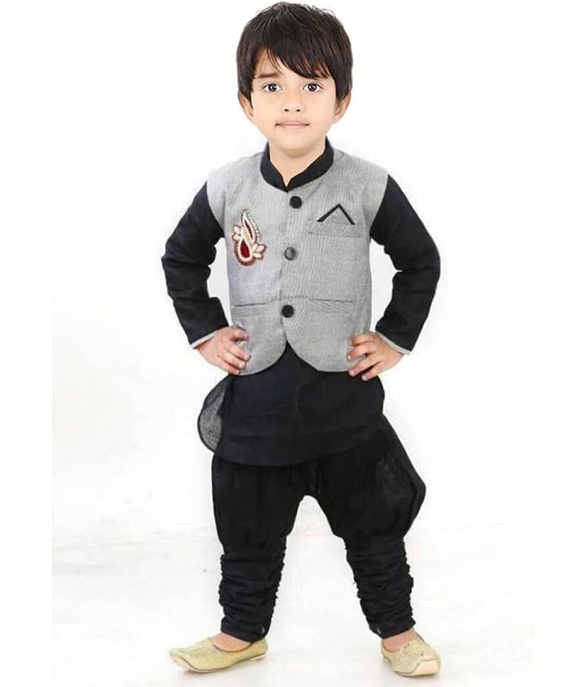 hrr Boys Cotton Blend Black Kurta Pyjama Set ( Pack of 1 )