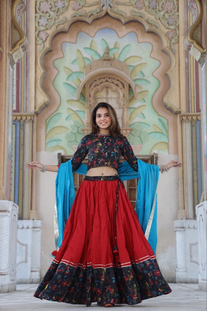 Handblock Printed Gota Patti Lehanga Choli with Mulmul Dupatta (Size: 38-46) Red & Black Color-4875