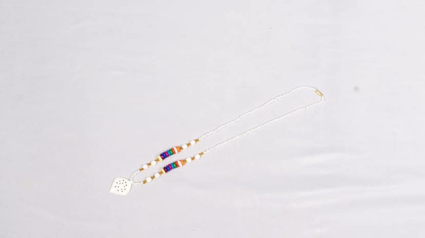 White Bone Carved Leaf Pendant Necklace with Multicolor Wood Beads view 2