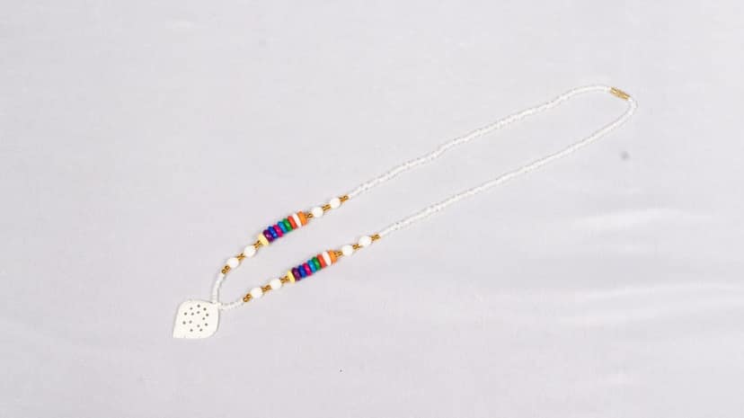 White Bone Carved Leaf Pendant Necklace with Multicolor Wood Beads view 4