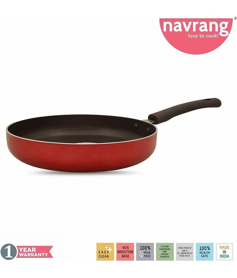 Navrang Non Stick Aluminium Straight Fry Pan With Ss Lid ,230mm,Red -Non Induction