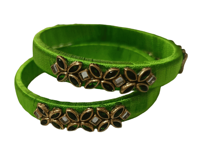 Green Silk Thread Bangles with Floral Embellishments view 3