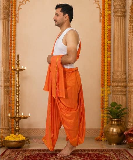 Mom and Me Men Free size Dhoti/Pancha/Dhotar Ready-to-Wear Indian Traditional Ethnic Comfortable soft Silk fabric Special for Weddings, Festivals, Ganpati and satyanarayan puja Quick wear (Navy Blue) view 2