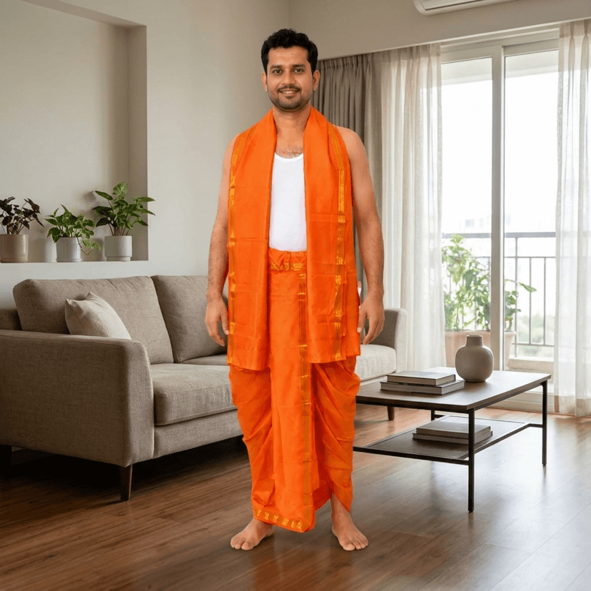 Mom and Me Men Free size Dhoti/Pancha/Dhotar Ready-to-Wear Indian Traditional Ethnic Comfortable soft Silk fabric Special for Weddings, Festivals, Ganpati and satyanarayan puja Quick wear (Navy Blue) view 3