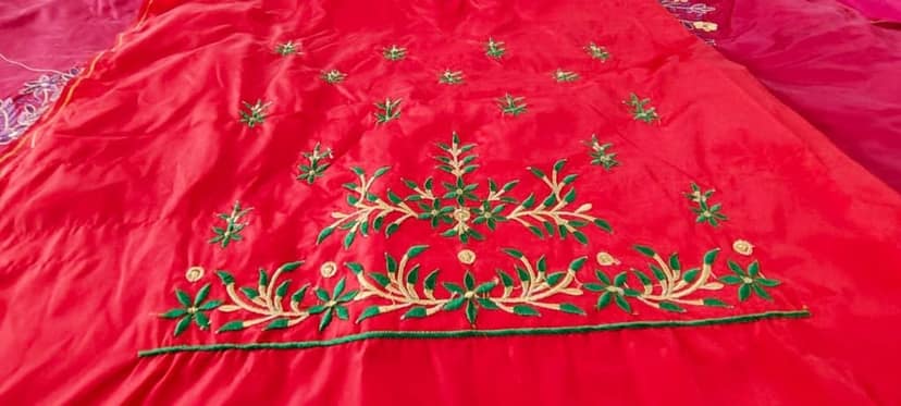 Red and green embroidered dupatta view 3