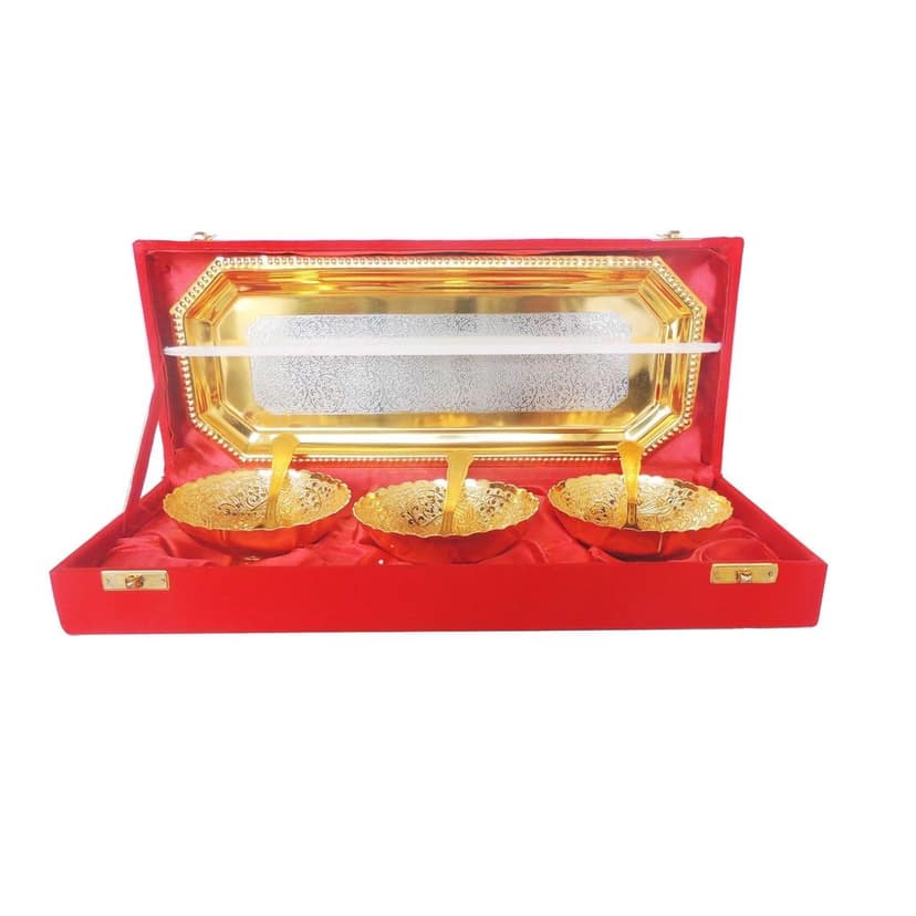 Decorative Brass 3 Pcs. Decoratice Bowl Set With Velvet Box (BMAS285 C) view 2