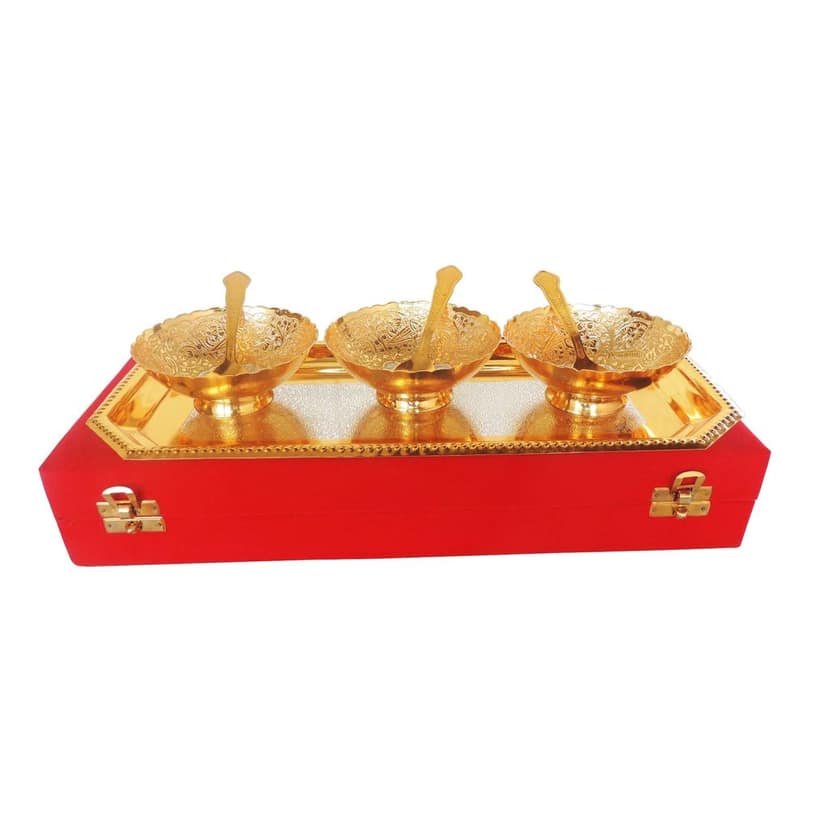 Decorative Brass 3 Pcs. Decoratice Bowl Set With Velvet Box (BMAS285 C) view 4