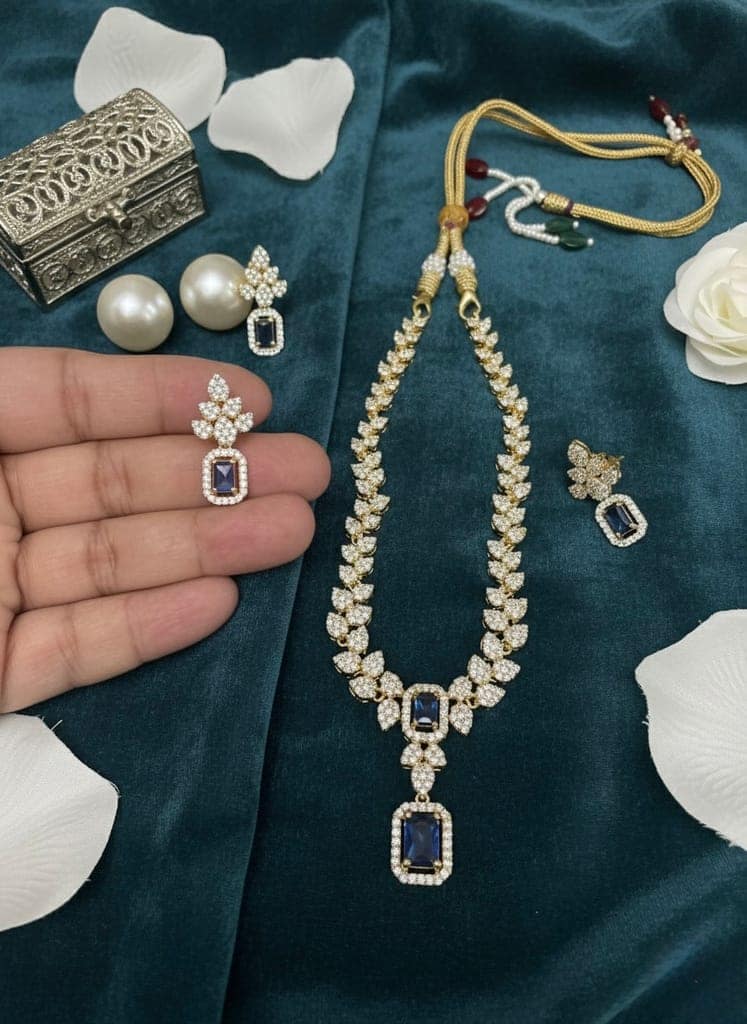 Elegant Matte Polish American Diamond Necklace Set with Blue Stones view 3