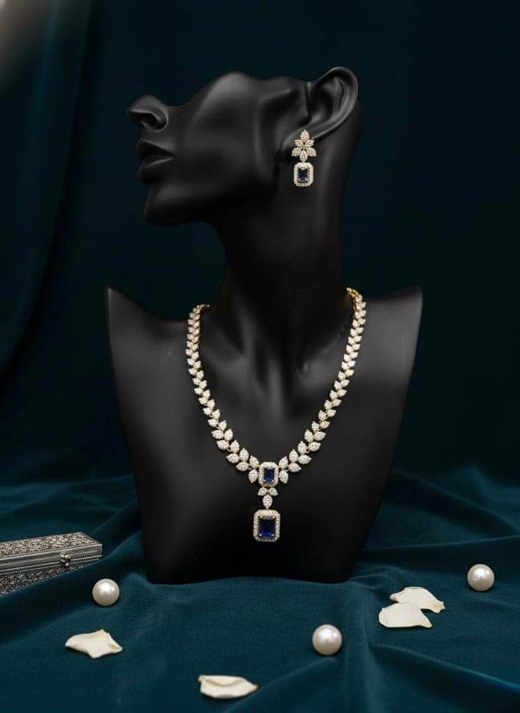 Elegant Matte Polish American Diamond Necklace Set with Blue Stones view 4