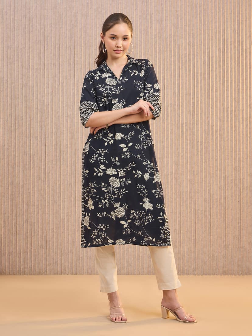 Navy Blue Pure Cotton Printed Kurti With Shirt Collar