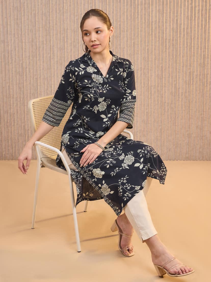 Navy Blue Pure Cotton Printed Kurti With Shirt Collar view 2