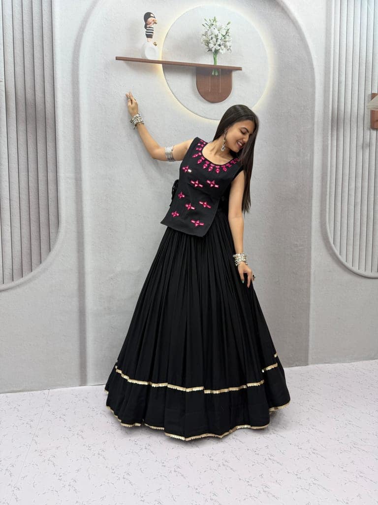 Women's Black Rayon Cotton Flared Lehenga Choli with Embroidered Jacket Set view 10