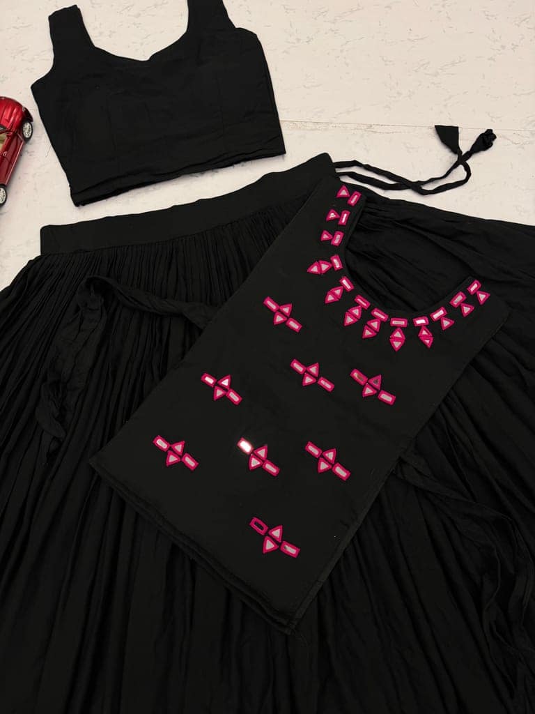Women's Black Rayon Cotton Flared Lehenga Choli with Embroidered Jacket Set view 4
