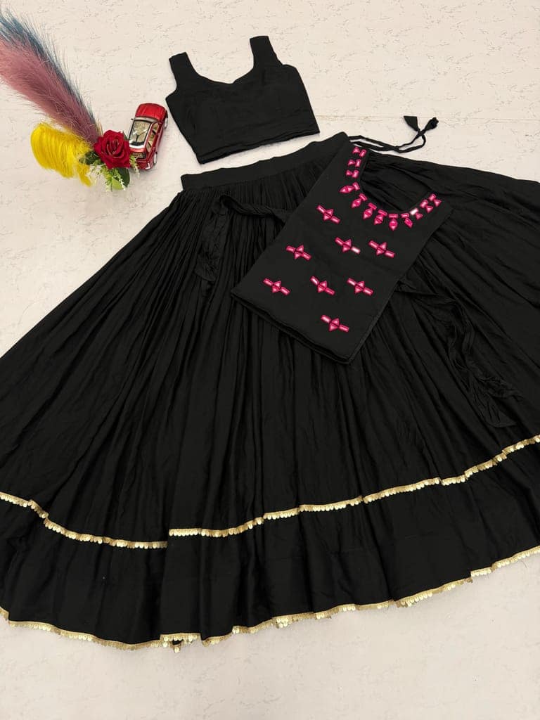 Women's Black Rayon Cotton Flared Lehenga Choli with Embroidered Jacket Set view 8