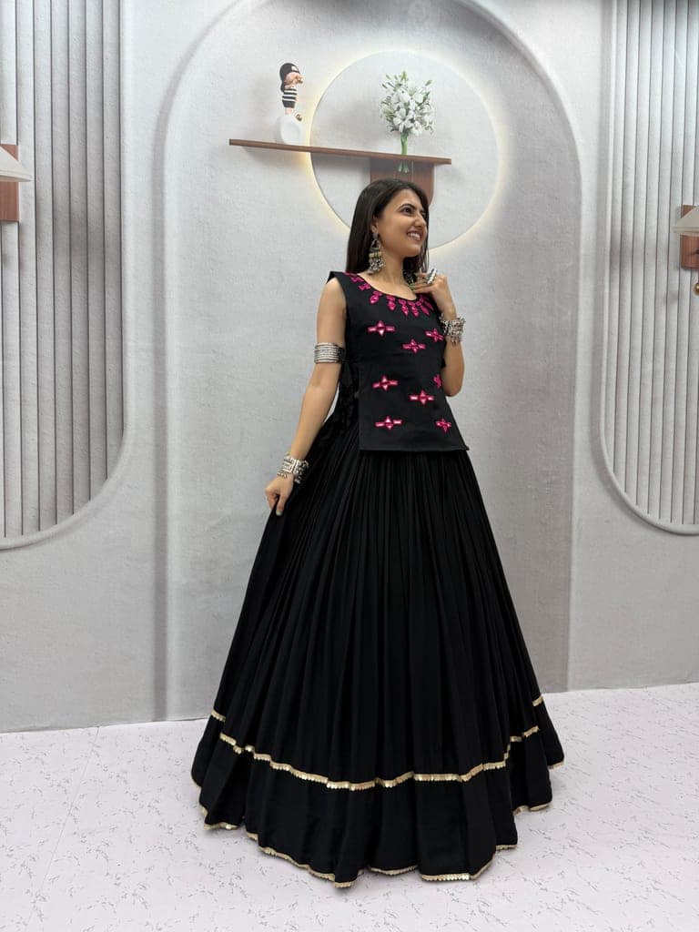 Women's Black Rayon Cotton Flared Lehenga Choli with Embroidered Jacket Set view 9