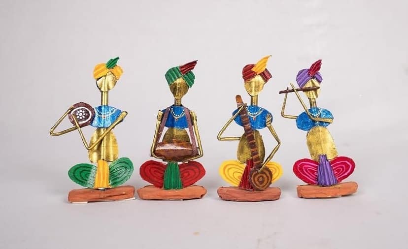 Set of 4 Rajasthani Folk Musicians Playing Instruments - Handmade & Hand-Painted