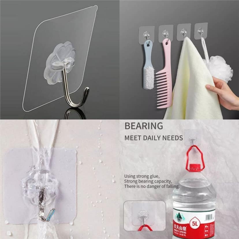 Self Adhesive Transparent Wall Hooks for Bathroom, Kitchen & Home | Waterproof Reusable No Drilling Hooks for Keys, Photo Frames & Office Use (24 Pcs | Loos Packing)