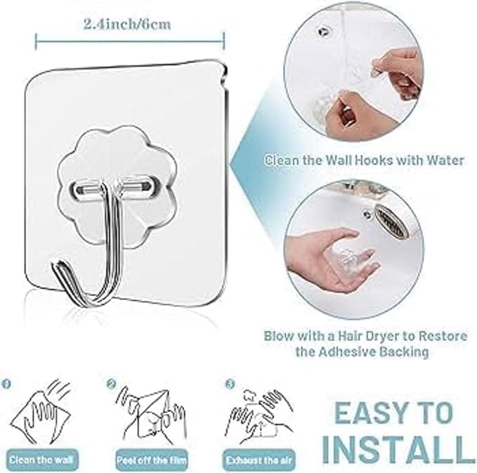 Self Adhesive Transparent Wall Hooks for Bathroom, Kitchen & Home | Waterproof Reusable No Drilling Hooks for Keys, Photo Frames & Office Use (24 Pcs | Loos Packing) view 2