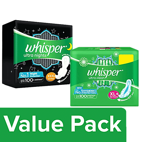 Whisper Sanitary Pads - Ultra Clean For Women, XL+ 50pcs + Ultra Nights XXXL Wings 20pcs, Combo 2 Items
