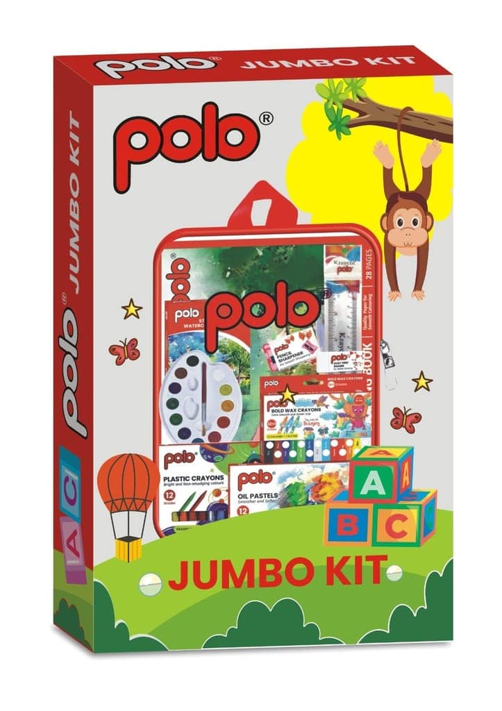 polo Jumbo Art Kit for Kids Complete Set with Watercolor Palette, Wax Crayons (12+1 Shades), Oil Pastels, Brushes, Ruler, Pencil, Eraser & Sharpener Ideal Painting & Drawing Supplies for Kids