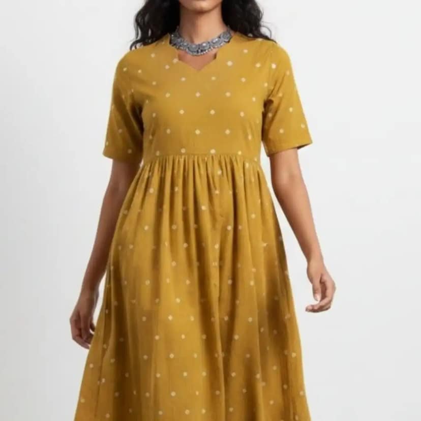 Mangalgiri South Cotton Kurti in Mustard with Screen-Printed Buti view 4