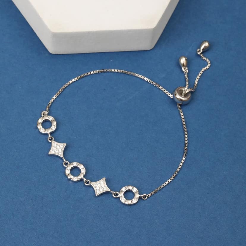 925 Sterling Silver Adjustable Bracelet with Cubic Zirconia Geometric Charms | Elegant Slider Bracelet for Women I Weight - 6 g view 2