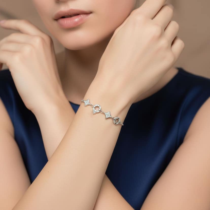 925 Sterling Silver Adjustable Bracelet with Cubic Zirconia Geometric Charms | Elegant Slider Bracelet for Women I Weight - 6 g view 3