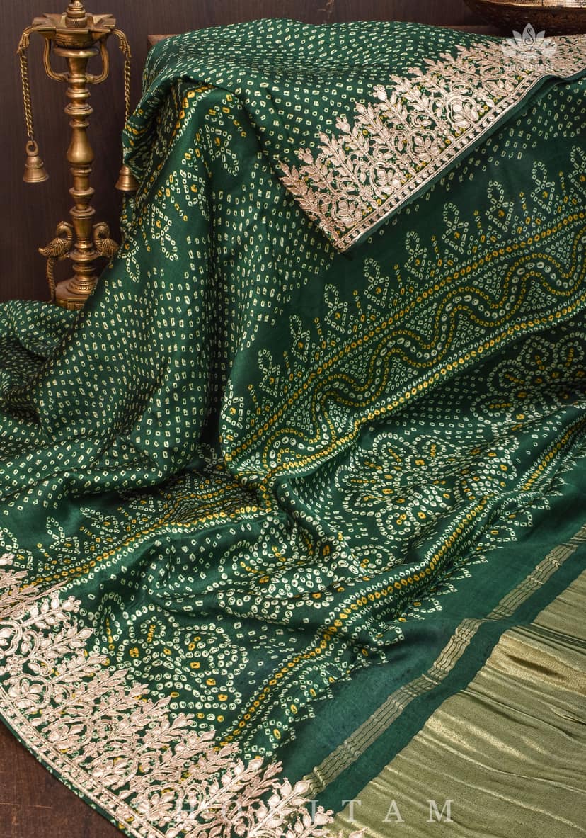 Vidya Balan Bottle Green Gajji Silk Saree with Bandhni Digital Print and Gotta patti borders view 3